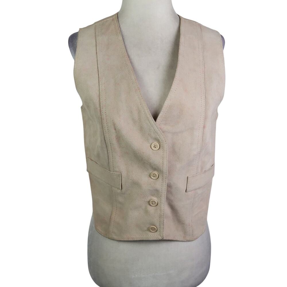 Vintage 80s Cream Tan Suede Leather Button Front Vest S